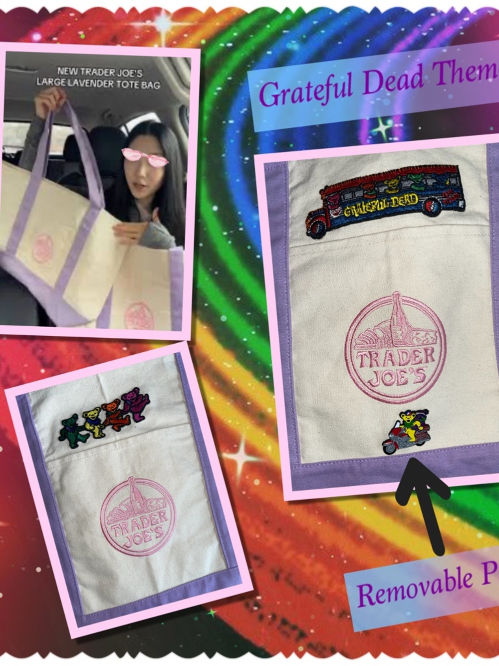 Trader Joe's Lavender Trim Canvas Large Tote with Grateful Dead Patches & Pin